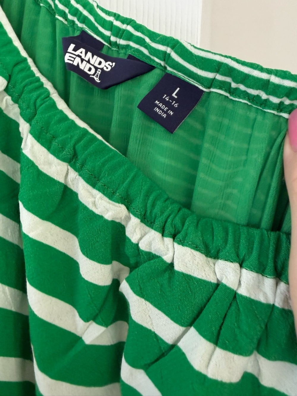 NWOT Never worn- Lands' End One Shoulder, Green and White Striped Dress